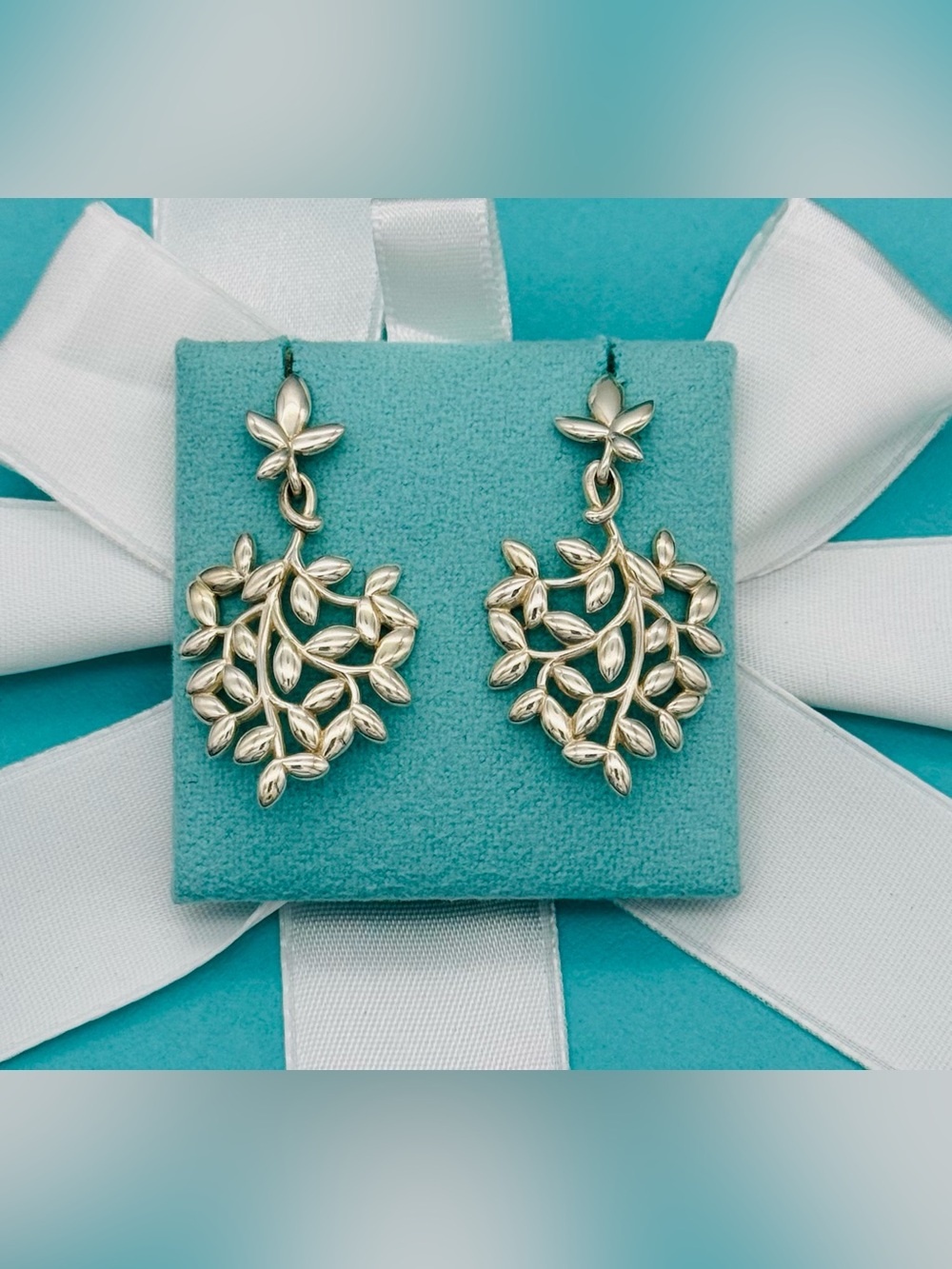Tiffany & Co Paloma Picasso Olive Leaf Silver Drop Earrings Rare Retired